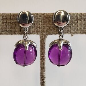 VTG Crown Trifari Silvertone Purple Lucite Dangle Clip On Earrings Waterfall 60s